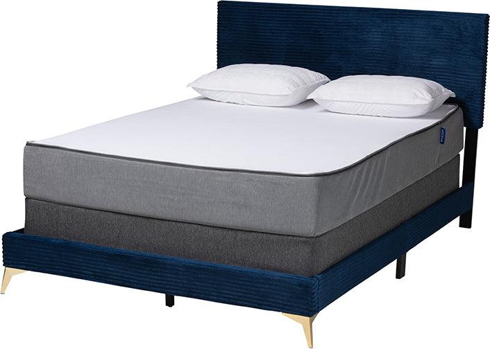 Wholesale Interiors Beds - Abberton Modern and Contemporary Navy Blue Velvet and Gold Metal Queen Size Panel Bed