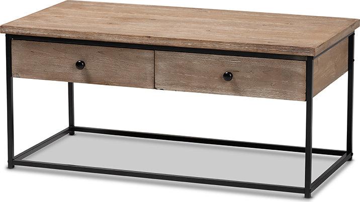 Wholesale Interiors Coffee Tables - Roderick Weathered Oak Finished Wood and Black Metal 2-Drawer Coffee Table