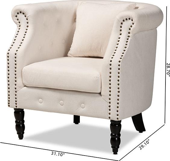Wholesale Interiors Accent Chairs - Renessa Classic and Traditional Beige Velvet and Dark Brown Wood Armchair