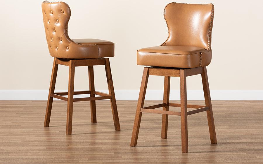 Wholesale Interiors Barstools - Gradisca Tan Faux Leather Upholstered and Walnut Brown Finished Wood 2-Piece Swivel Bar Stool Set