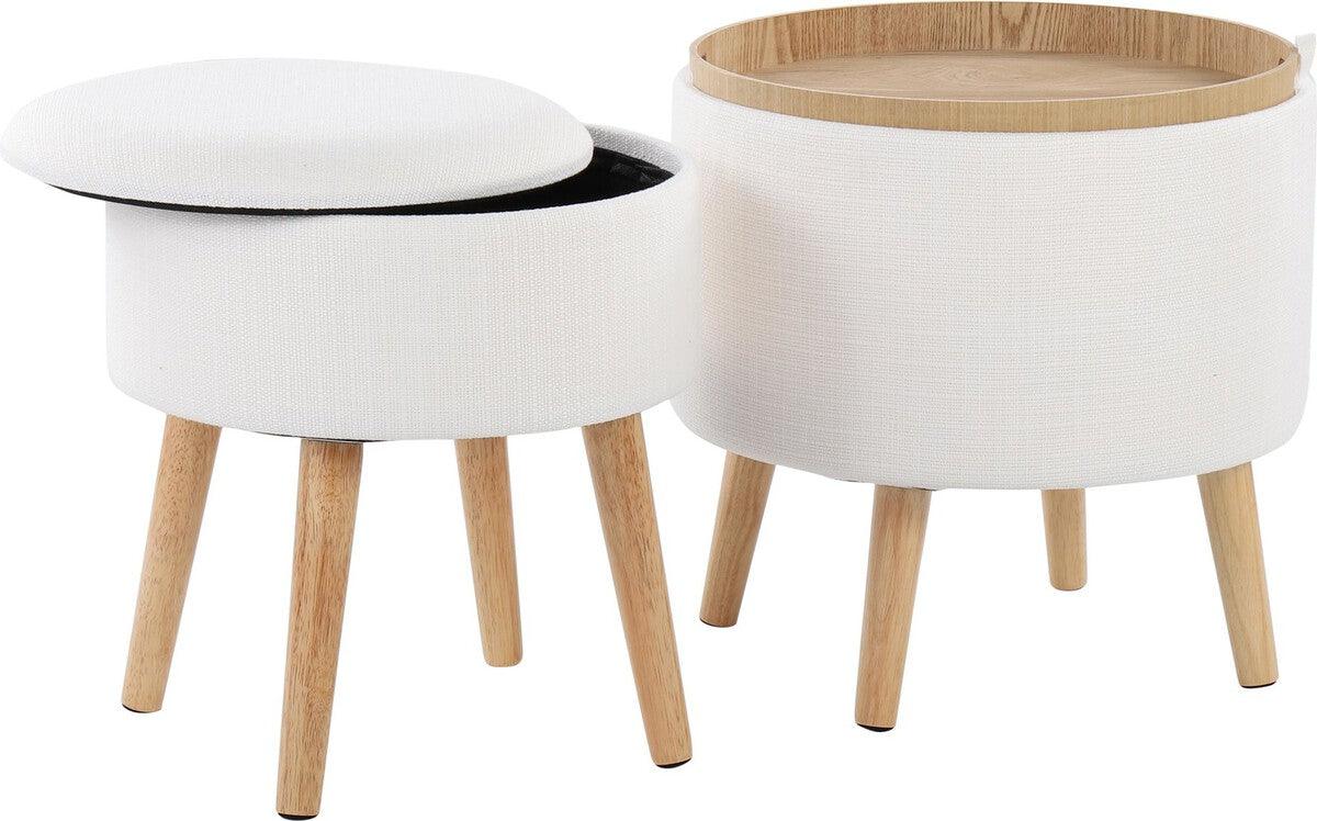 Lumisource Ottomans & Stools - Tray Contemporary Storage Ottoman With Matching Stool In Cream Fabric & Natural Wood Legs