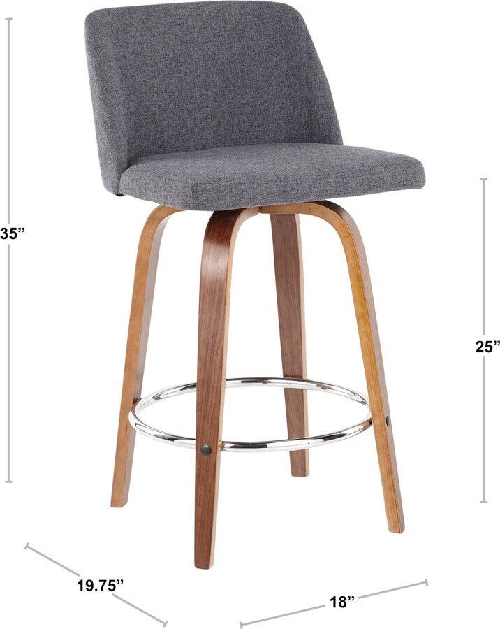 Lumisource Barstools - Toriano Mid-Century Counter Stool Walnut and Blue Fabric - Set of 2