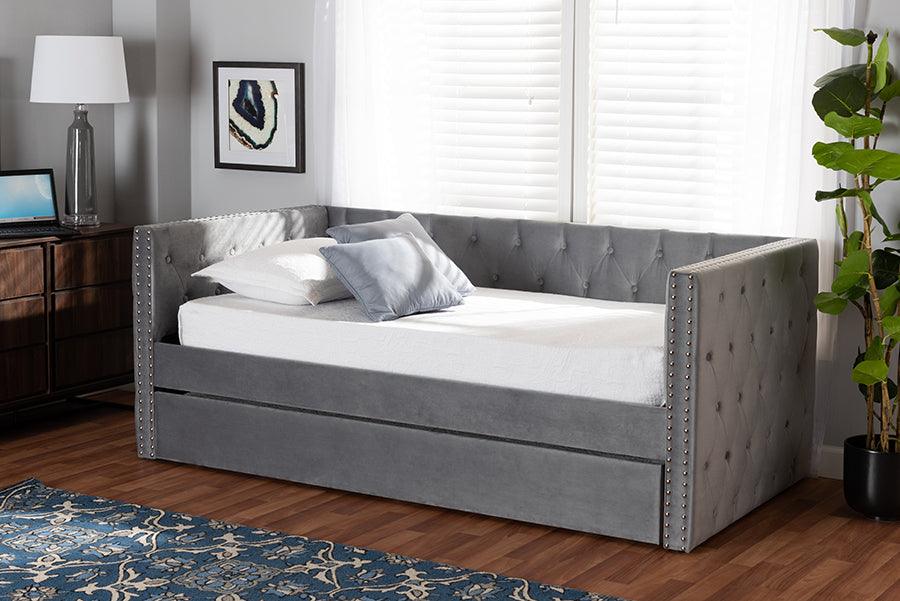 Wholesale Interiors Daybeds - Larkin Grey Velvet Fabric Upholstered Twin Size Daybed with Trundle