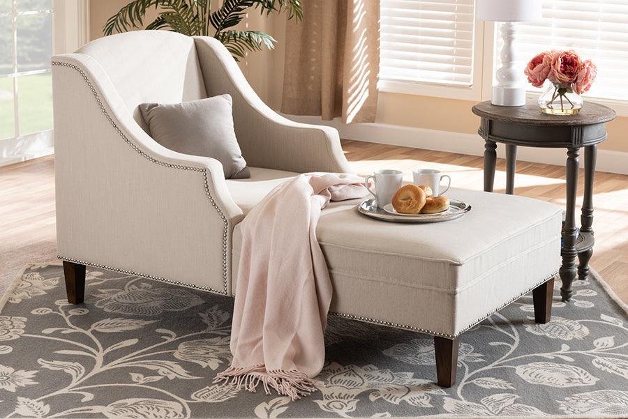 Wholesale Interiors Accent Chairs - Leonie Modern and Contemporary Beige Fabric Wenge Brown Chaise Lounge