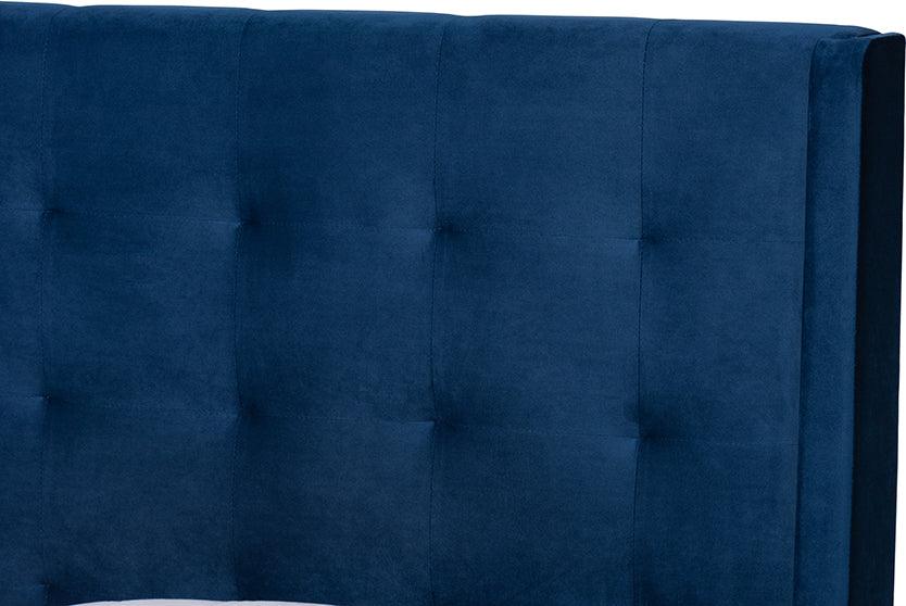 Wholesale Interiors Beds - Gothard Navy Blue Velvet Fabric Upholstered and Dark Brown Finished Wood King Size Platform Bed