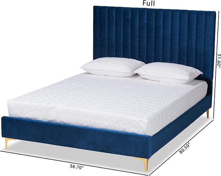 Wholesale Interiors Beds - Serrano Glam and Luxe Navy Blue Velvet Fabric Upholstered and Gold Metal King Size Platform Bed