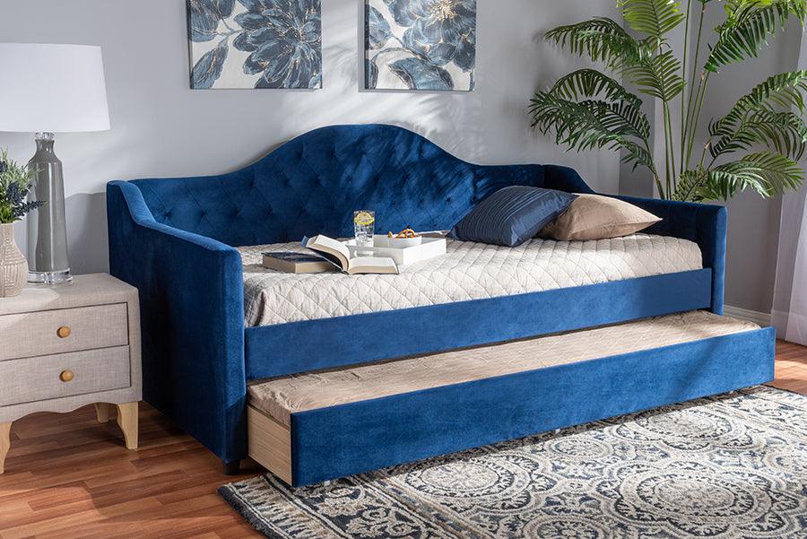 Wholesale Interiors Daybeds - Perry Modern Royal Blue Velvet and Button Tufted Twin Size Daybed with Trundle