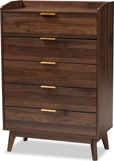 Wholesale Interiors Chest of Drawers - Lena Mid-Century Modern Walnut Brown Finished 5-Drawer Wood Chest