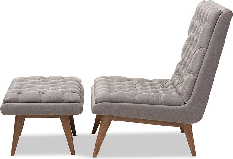 Wholesale Interiors Living Room Sets - Annetha Mid-Century Modern Grey Fabric Walnut Wood Chair And Ottoman Set