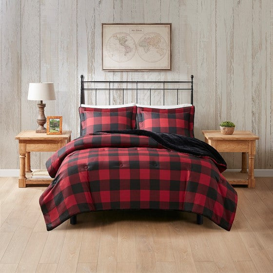 Olliix.com Comforters & Blankets - Faux Wool to Faux Fur Down Alternative Comforter Set Red Buffalo Check Full/Queen