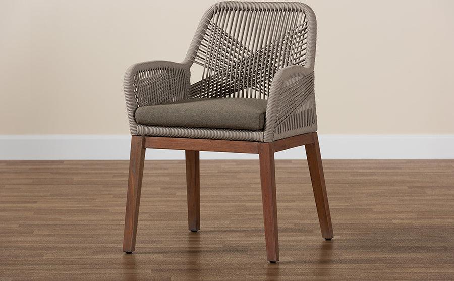 Wholesale Interiors Dining Chairs - Jennifer Mid-Century Grey Woven Rope Mahogany Dining Arm Chair