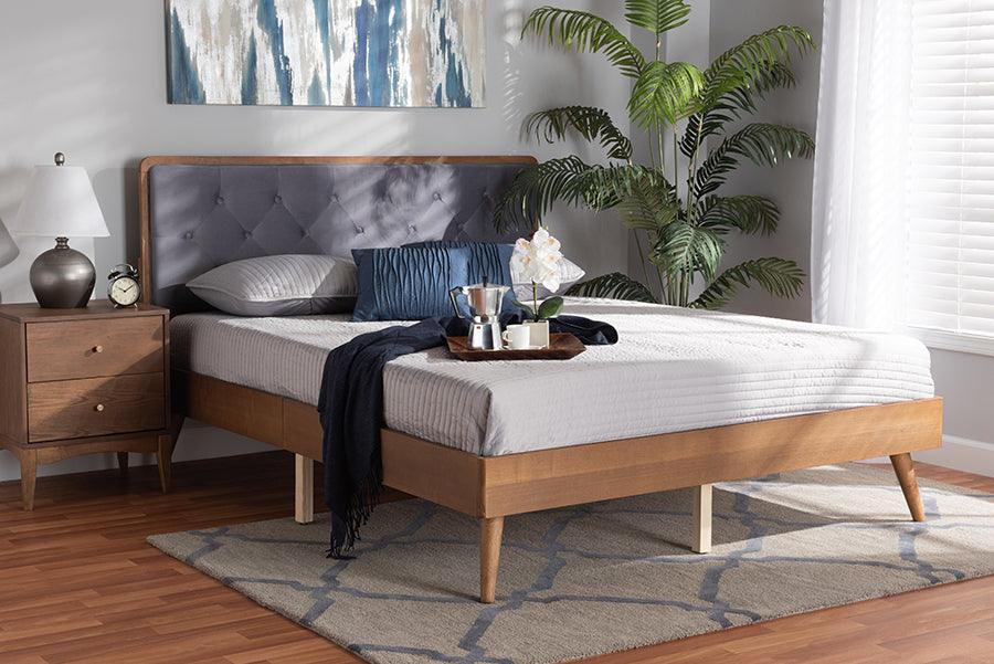 Wholesale Interiors Beds - Larue Modern and Contemporary Grey Velvet and Brown Wood King Size Platform Bed