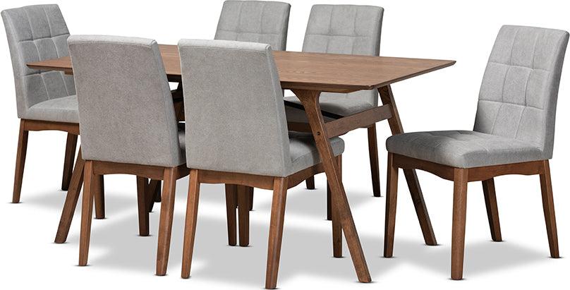 Wholesale Interiors Dining Sets - Tara Mid-Century Modern Light Grey Fabric and Walnut Brown Wood 7-Piece Dining Set