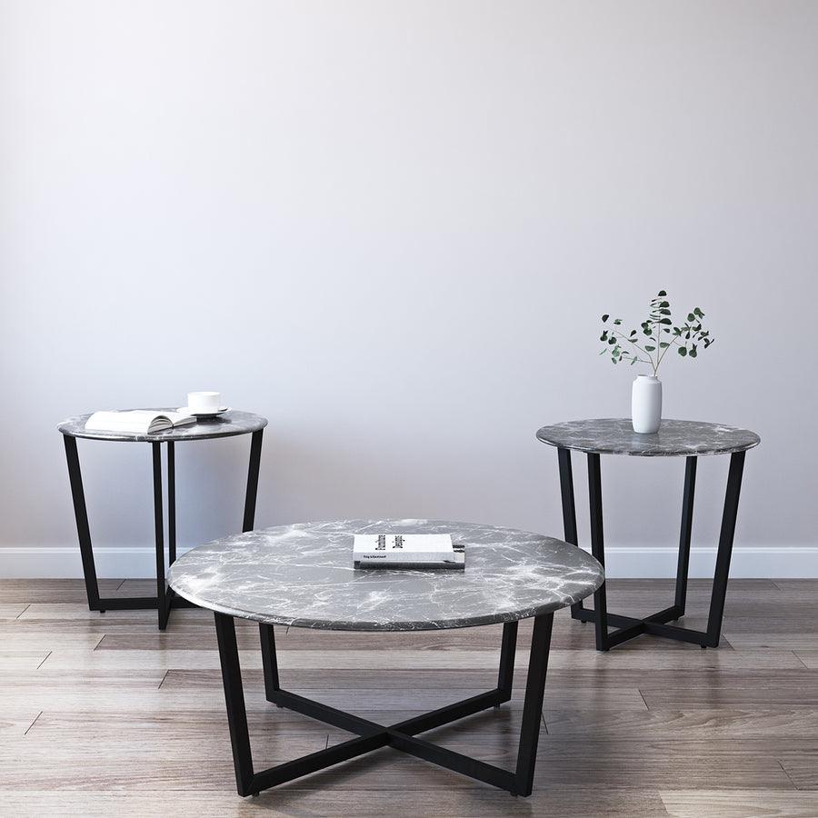 Euro Style Side & End Tables - Llona 24" Round Side Table in Black Marble Melamine with Matte Black Base