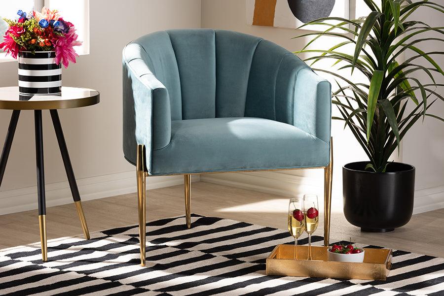 Wholesale Interiors Accent Chairs - Clarisse Glam and Luxe Light Blue Velvet Gold Accent Chair
