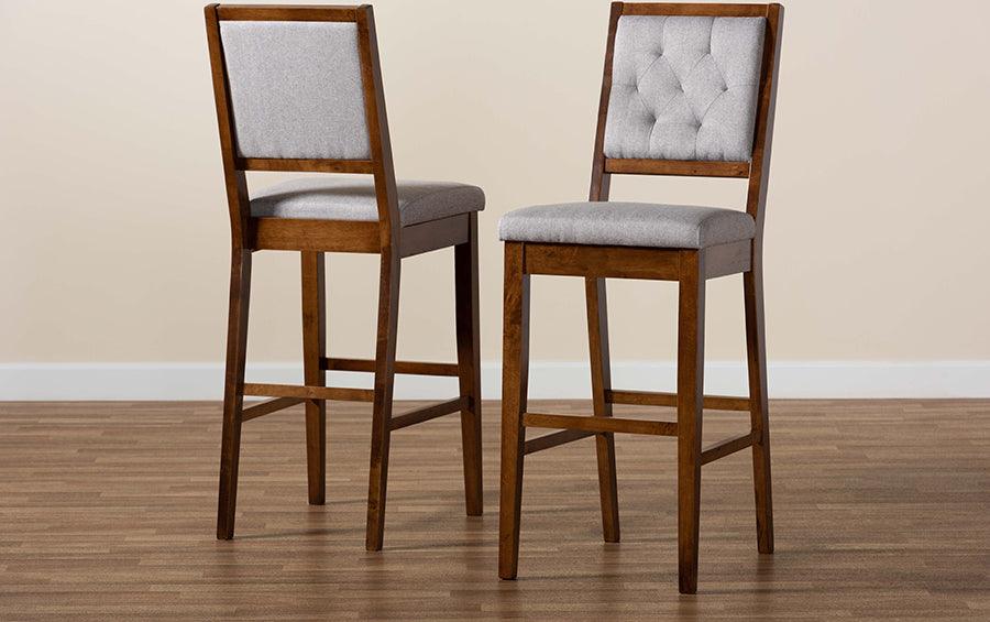 Wholesale Interiors Barstools - Gideon Contemporary Grey Fabric and Walnut Brown Wood 2-Piece Bar Stool Set