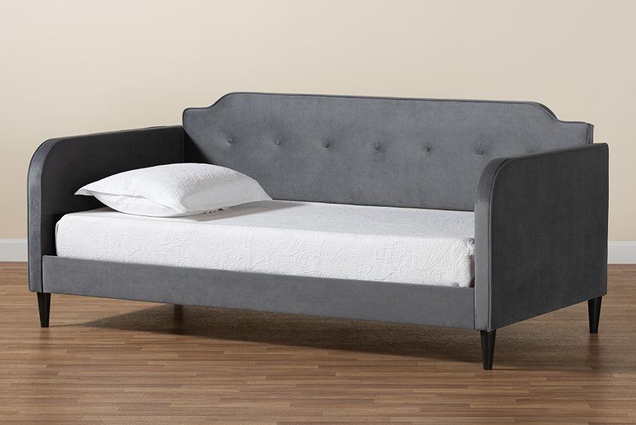 Wholesale Interiors Daybeds - Kaya Modern and Contemporary Grey Velvet Fabric and Dark Brown Finished Wood Full Size Daybed