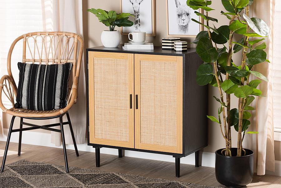 Wholesale Interiors Buffets & Cabinets - Maureen Mid-Century Modern Espresso Brown Wood And Rattan 2-Door Storage Cabinet