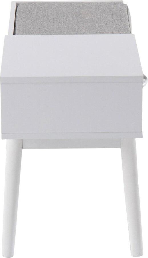 Lumisource Benches - Telephone Contemporary Bench in White Wood and Grey Fabric with Pull-Out Drawer
