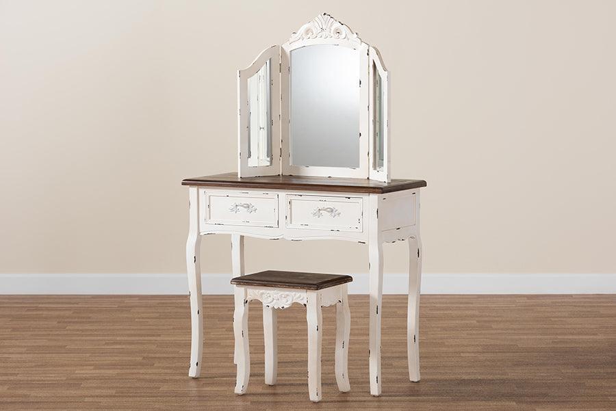 Wholesale Interiors Bedroom Vanity - Levron Two-Tone Walnut Brown and Antique White Finished Wood 2-Piece Vanity Set