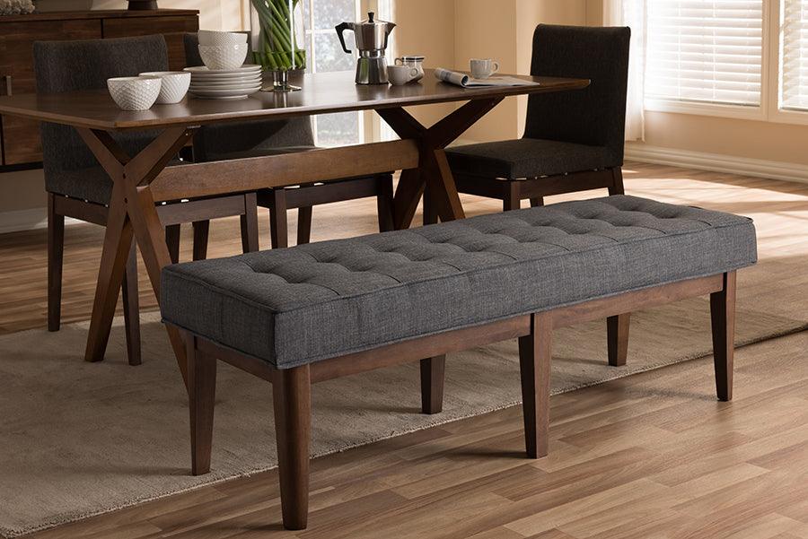 Wholesale Interiors Benches - Lucca Mid-Century Modern Walnut Wood Dark Grey Fabric Button-Tufted Bench