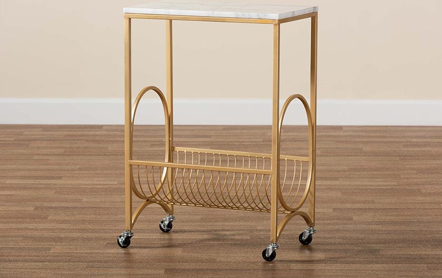 Wholesale Interiors Kitchen & Bar Carts - Jacek Modern and Contemporary Gold Finished Metal Wine Cart with Marble Tabletop