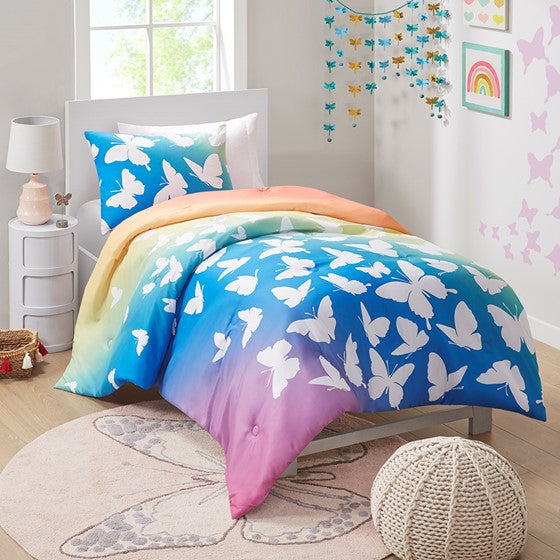 Olliix.com Comforters & Blankets - Rainbow and Butterfly Comforter Set Blue/Purple Full/Queen