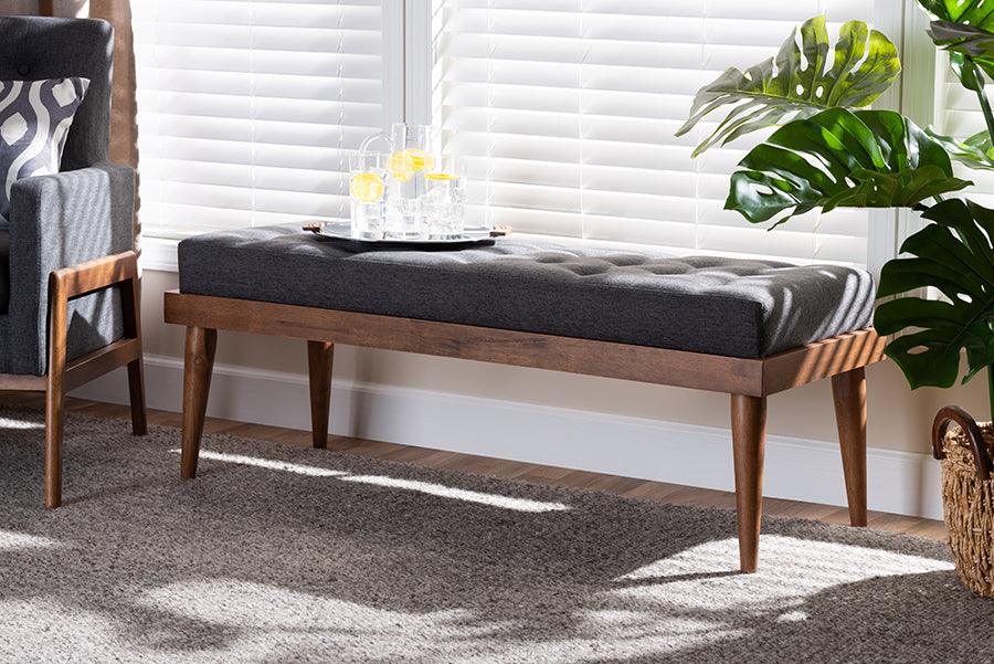 Wholesale Interiors Benches - Linus Mid-Century Modern Dark Grey Fabric Upholstered And Button Tufted Wood Bench