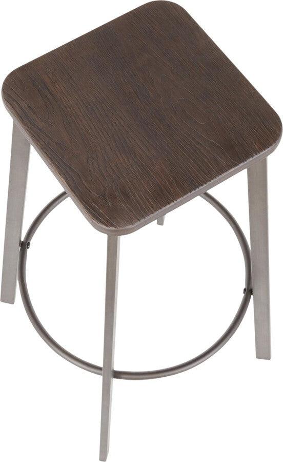 Lumisource Barstools - Clara Industrial Square Barstool in Antique Metal and Espresso Wood-Pressed Grain Bamboo - Set of 2
