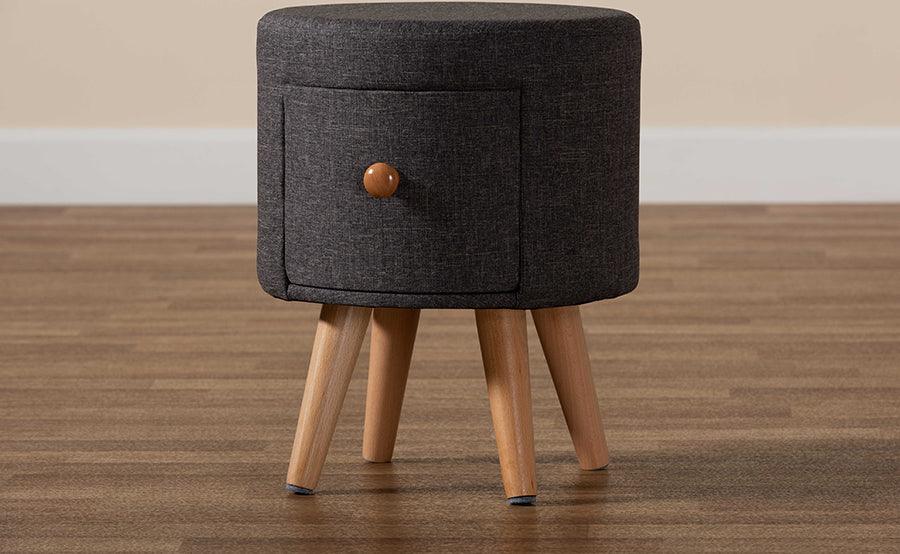 Wholesale Interiors Ottomans & Stools - Rocco Modern Transitional Dark Grey Fabric and Brown Wood 1-Drawer Ottoman Stool