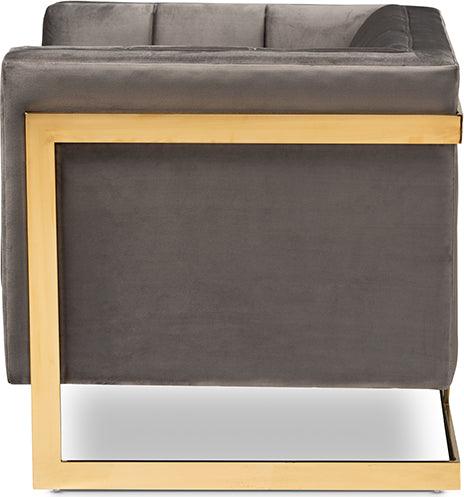 Wholesale Interiors Accent Chairs - Ambra Glam and Luxe Grey Velvet and Button Tufted Armchair with Gold-Tone Frame