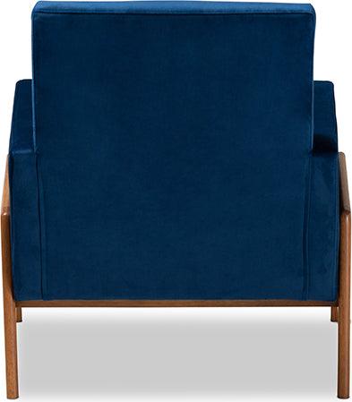 Wholesale Interiors Accent Chairs - Perris Navy Blue Velvet Fabric Upholstered and Walnut Brown Finished Wood Lounge Chair