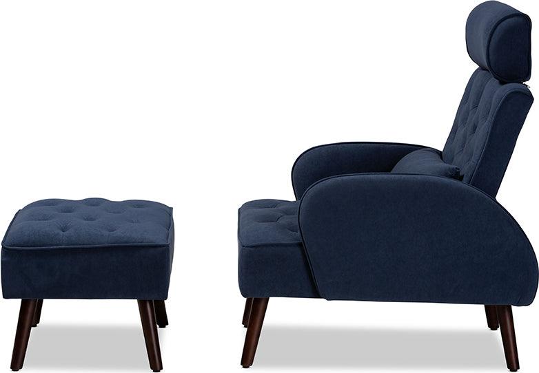 Wholesale Interiors Living Room Sets - Haldis Navy Blue velvet and Walnut Brown Finished Wood 2-Piece Recliner Chair and Ottoman Set
