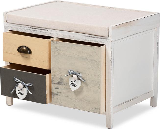 Wholesale Interiors Benches - Jacoby Modern Transitional Beige Fabric and Multi-Colored Wood 3-Drawer Storage Bench