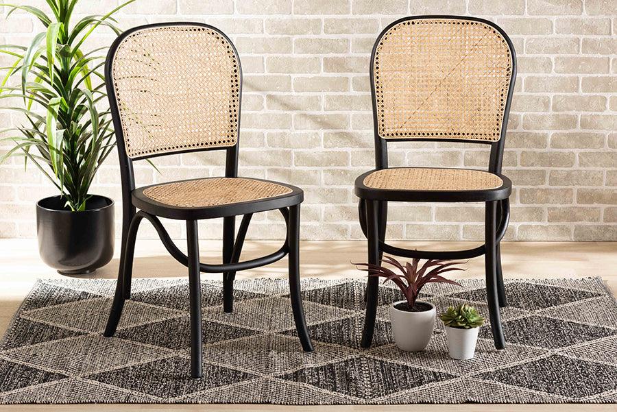 Wholesale Interiors Dining Chairs - Cambree Mid-Century Brown Woven Rattan and Black Wood 2-Piece Cane Dining Chair Set