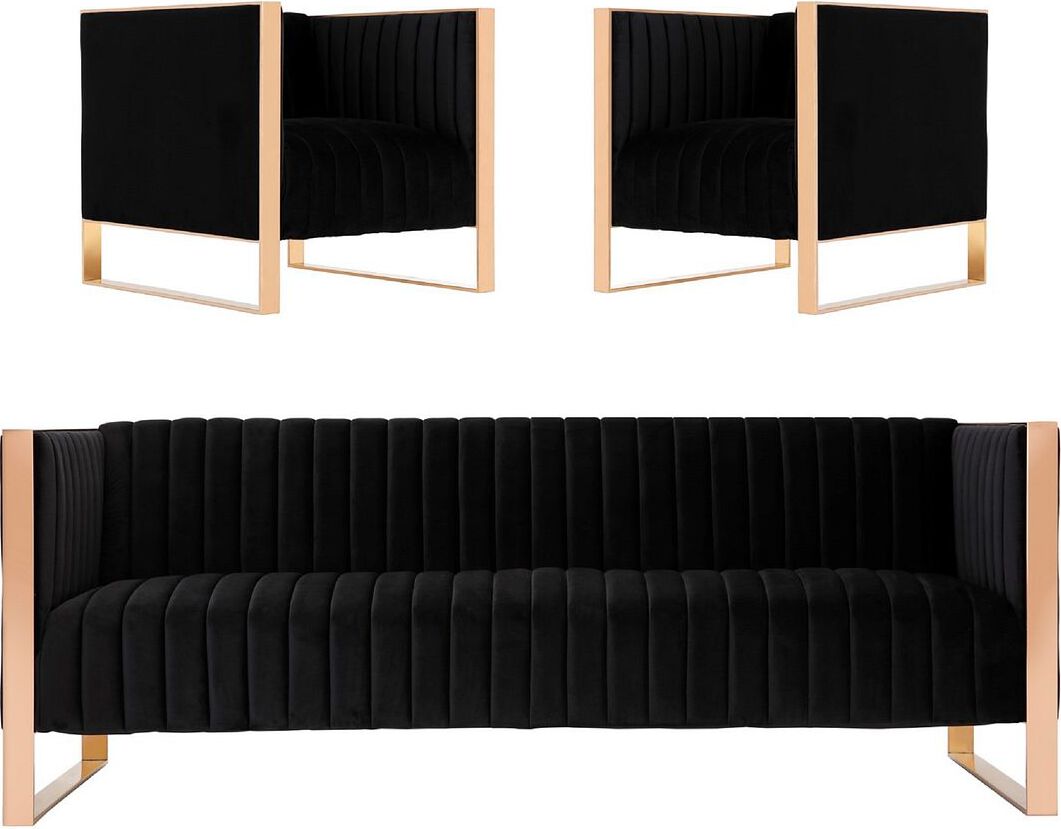 Manhattan Comfort Sofas & Couches - Trillium 3-Piece Black and Rose Gold Sofa and Armchair Set