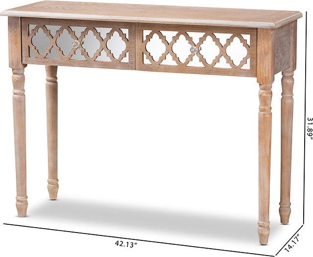 Wholesale Interiors Consoles - Celia Rustic French Country White-Washed Wood and Mirror 2-Drawer Quatrefoil Console Table