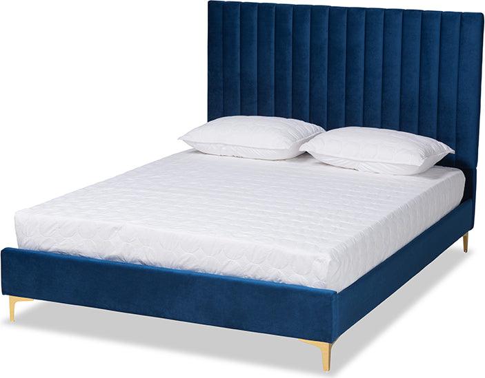 Wholesale Interiors Beds - Serrano Glam and Luxe Navy Blue Velvet Fabric Upholstered and Gold Metal King Size Platform Bed