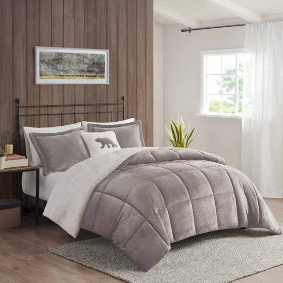 Olliix.com Comforters & Blankets - Plush to Sherpa Down Alternative Comforter Set Grey/Ivory Full/Queen