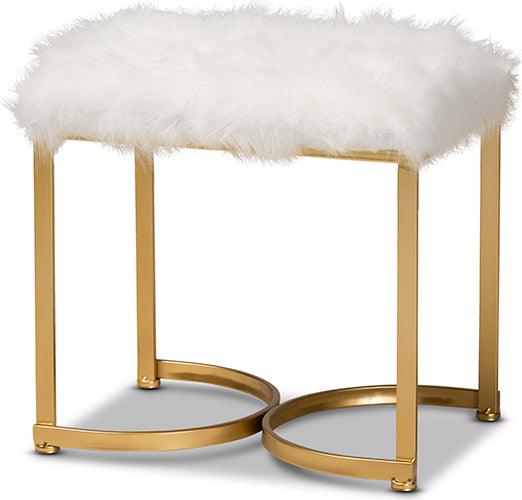 Wholesale Interiors Ottomans & Stools - Gwyn Glam and Luxe White Faux Fur Upholstered and Gold Finished Metal Ottoman