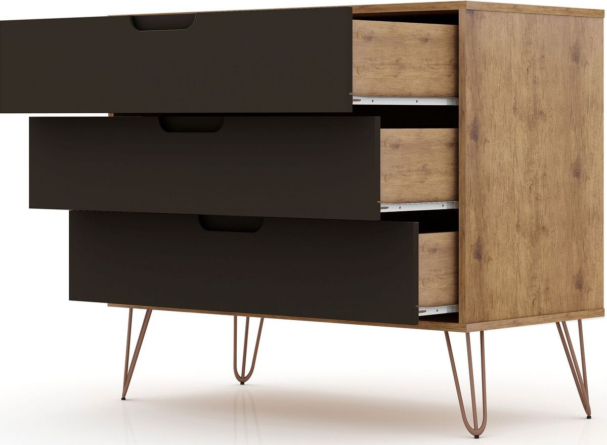 Manhattan Comfort Dressers - Rockefeller Mid-Century- Modern Dresser with 3- Drawers in Nature & Textured Gray