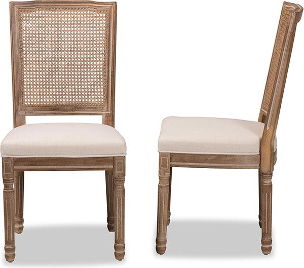 Wholesale Interiors Dining Chairs - Louane Beige Fabric and Antique Brown Finished Wood 2-Piece Dining Chair Set with Rattan