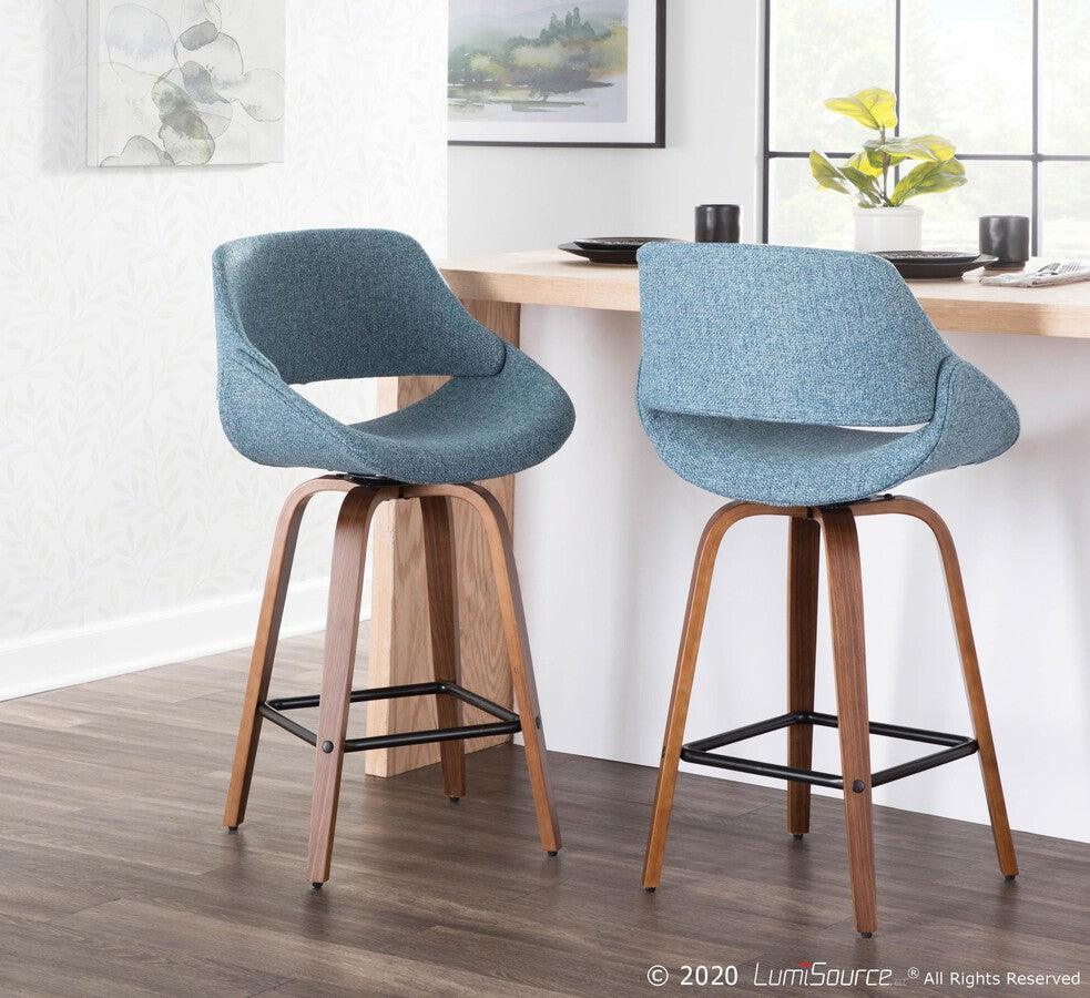 Lumisource Barstools - Fabrico Mid-Century Modern Counter Stool in Walnut - Blue Noise Fabric - Set of 2