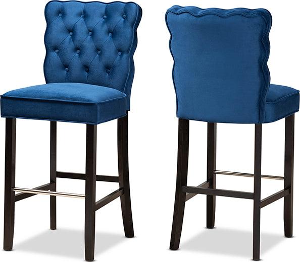 Wholesale Interiors Barstools - Daphne Navy Blue Velvet Fabric Upholstered and Dark Brown Finished Wood 2-Piece Bar Stool Set