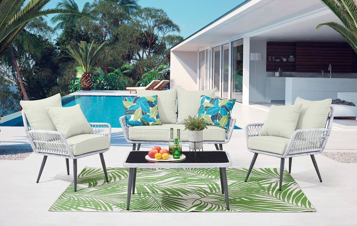 Manhattan Comfort Outdoor Conversation Sets - Portofino Patio 4- Person Conversation Set with Coffee Table with Cream Cushions