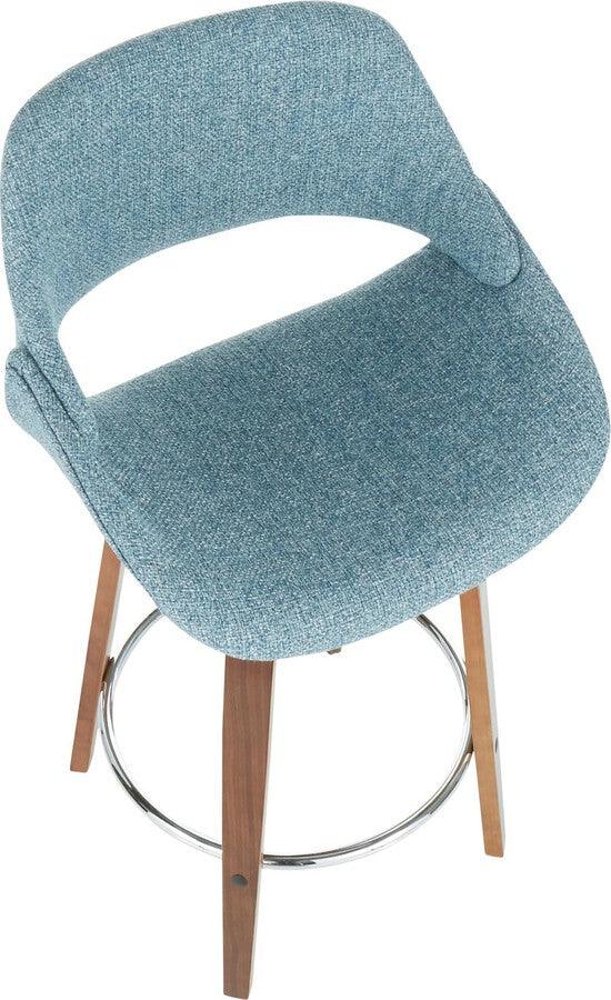 Lumisource Barstools - Fabrico Mid-Century Modern Counter Stool Walnut and Blue Noise Fabric (Set of 2)