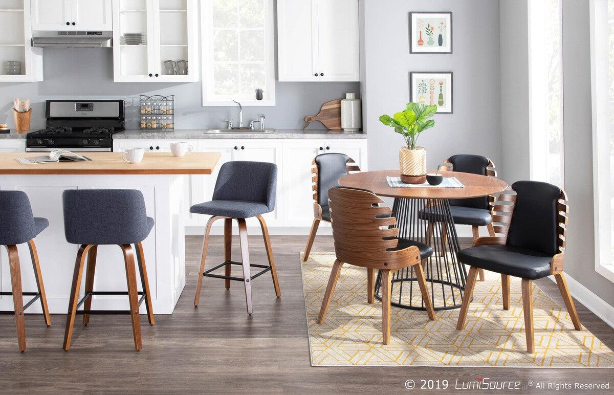 Lumisource Barstools - Toriano Mid-Century Modern Counter Stool Walnut and Blue Fabric - Set of 2