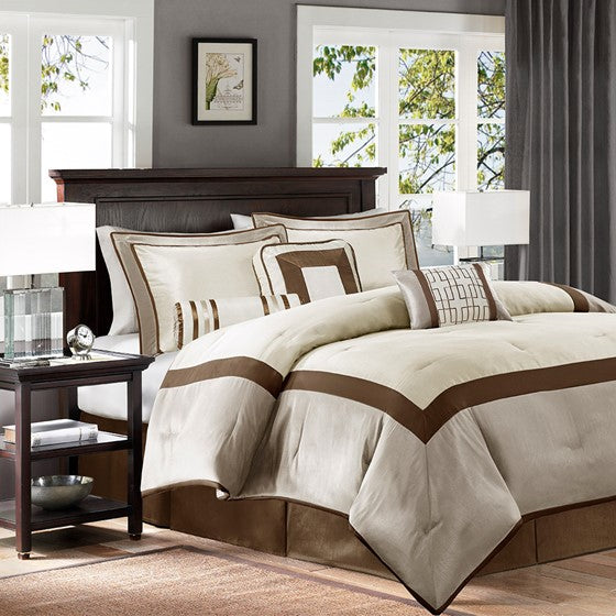 Olliix.com Comforters & Blankets - 7 Piece Comforter Set Taupe/Brown Queen
