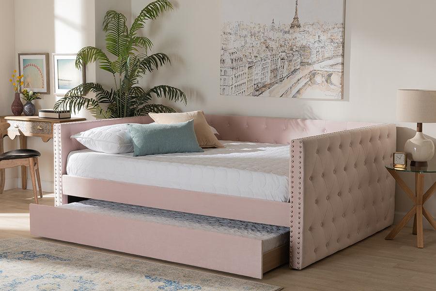 Wholesale Interiors Daybeds - Larkin Pink Velvet Fabric Upholstered Full Size Daybed with Trundle