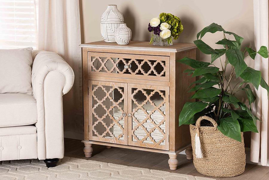 Wholesale Interiors Buffets & Cabinets - Leah Glam Farmhouse Rustic Oak Brown Mirrored 1-Drawer Quatrefoil Storage Cabinet